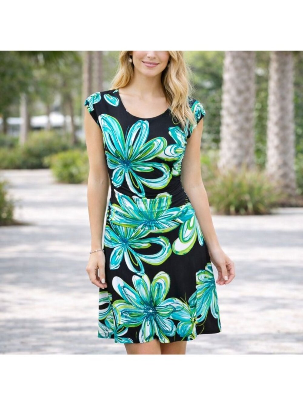 Dress Floral Black Aqua Womens 14 Gathered Waist Cap Sleeve Knee-Length Fitted